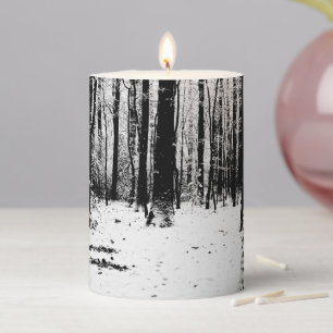 Black and White Trees in the Snow Pillar Candle