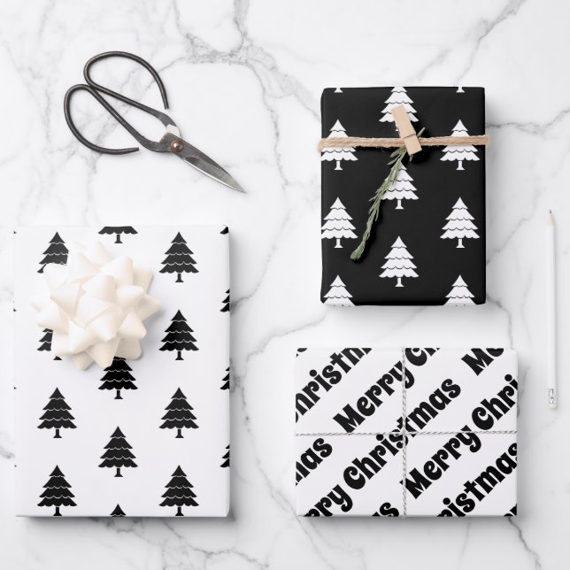Black and white trees Merry Christmas holiday Wrapping Paper Sheets (Front)