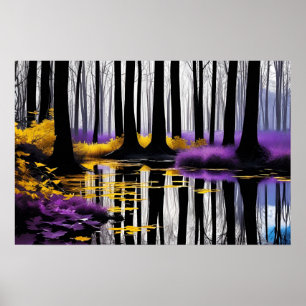 Black and White Trees Reflection and Yellow Purple Poster