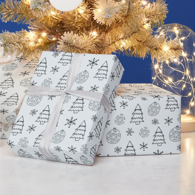 Black and White Trees Snowflakes Green Christmas Wrapping Paper (Holidays)