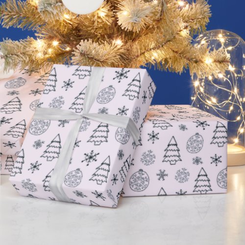 Black and White Trees Snowflakes Pink Christmas Wrapping Paper