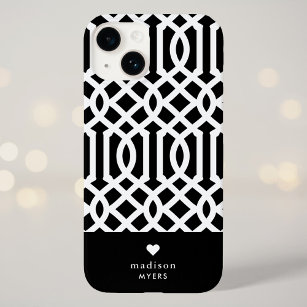 Black and White Trellis Heart Monogram Case-Mate iPhone 14 Case