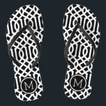 Black and White Trellis Monogram Flip Flops<br><div class="desc">Custom printed flip flop sandals with a stylish modern trellis pattern and your custom monogram or other text in a circle frame. Click Customize It to change text fonts and colors or add your own images to create a unique one of a kind design!</div>