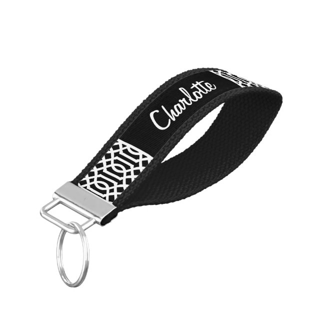 Black and White Trellis Monogram Wrist Keychain (Angled Down)