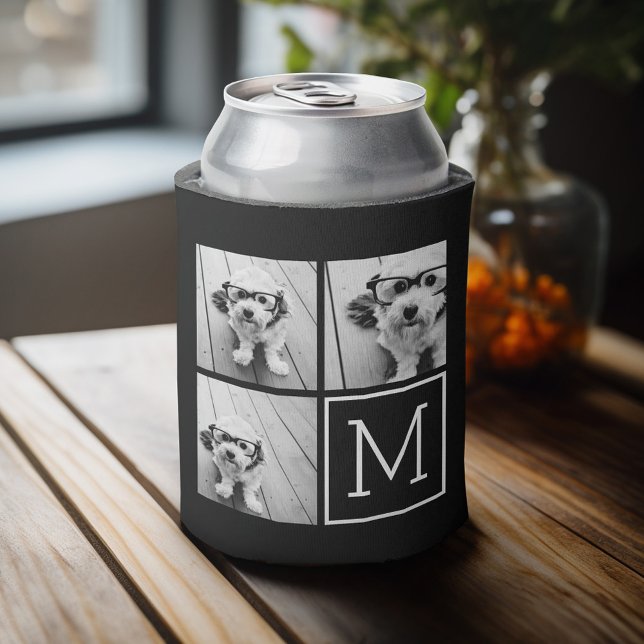 Black and White Trendy Photo Collage with Monogram Can Cooler (Personalized can cooler with an area to add photos and custom text)