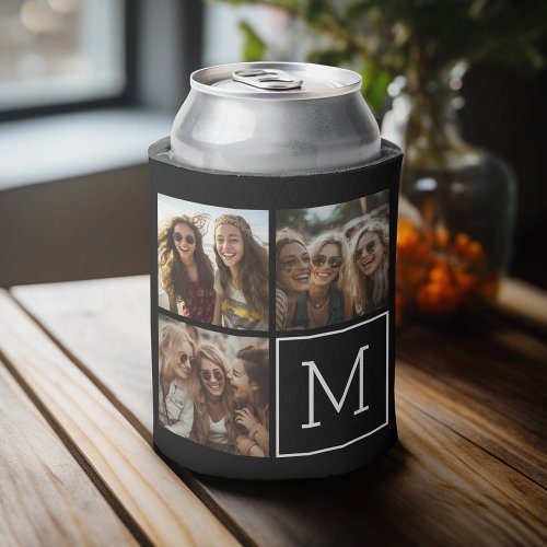 Black and White Trendy Photo Collage with Monogram Can Cooler