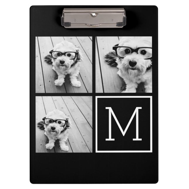 Black and White Trendy Photo Collage with Monogram Clipboard (Front)