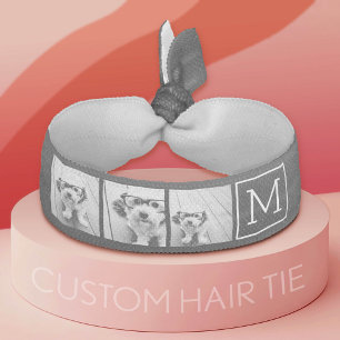 Black and White Trendy Photo Collage with Monogram Elastic Hair Tie