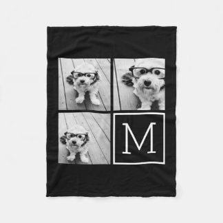 Black and White Trendy Photo Collage with Monogram Fleece Blanket