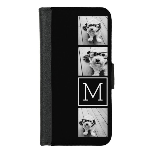 Black and White Trendy Photo Collage with Monogram iPhone Wallet Case (Front)