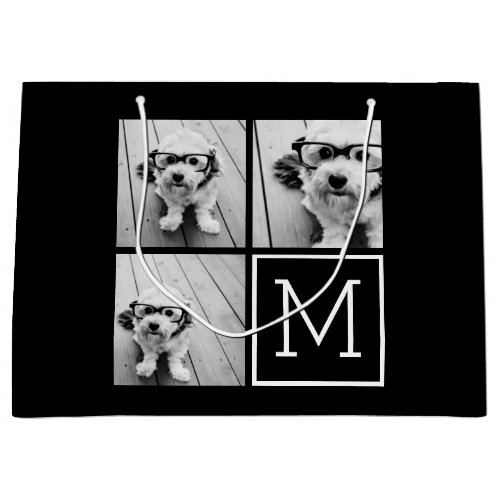 Black and White Trendy Photo Collage with Monogram Large Gift Bag