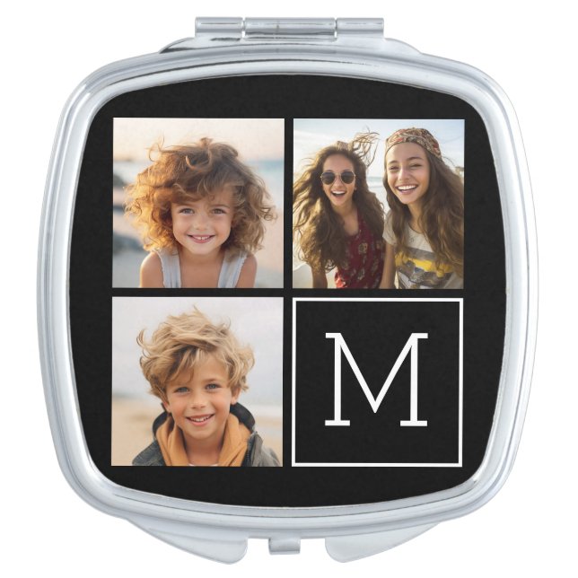 Black and White Trendy Photo Collage with Monogram Makeup Mirror (Front)