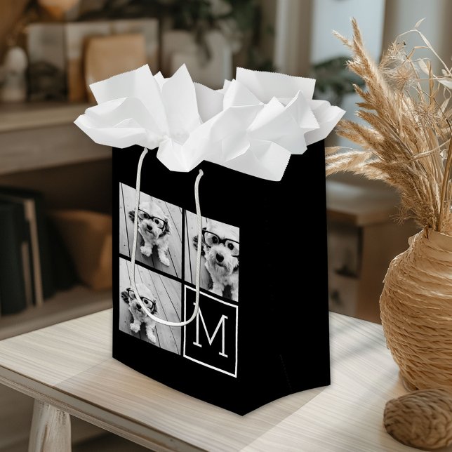Black and White Trendy Photo Collage with Monogram Medium Gift Bag (Custom Gift Bag)