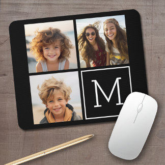 Black and White Trendy Photo Collage with Monogram Mouse Pad