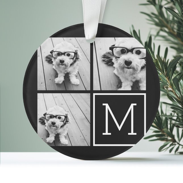 Black and White Trendy Photo Collage with Monogram Ornament (Personalized Photo Ornament)