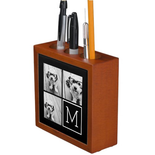 Black and White Trendy Photo Collage with Monogram PencilPen Holder