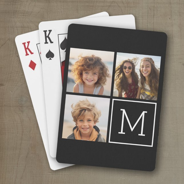 Black and White Trendy Photo Collage with Monogram Poker Cards (Personalized playing cards with a fun area to add photos and text such as a name or monogram)
