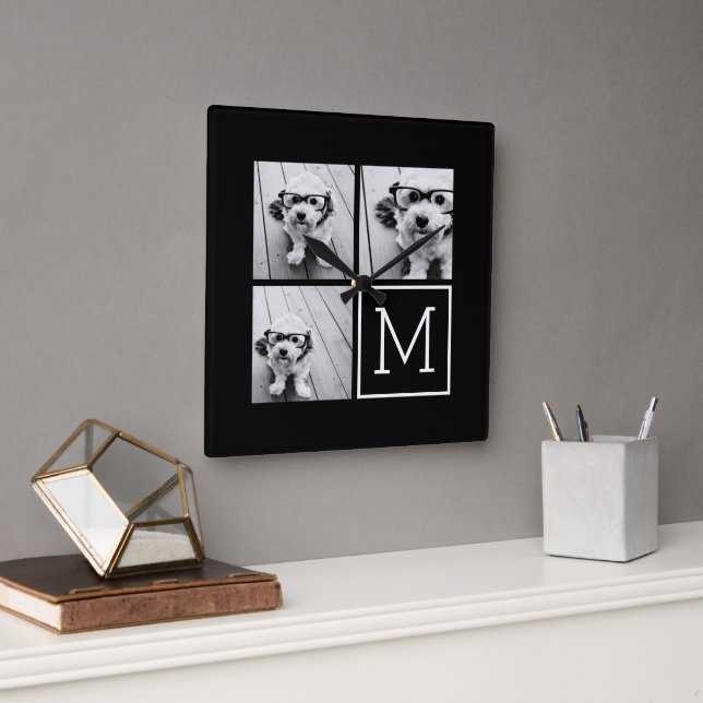 Black and White Trendy Photo Collage with Monogram Square Wall Clock (Office)