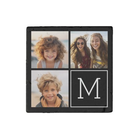 Black And White Trendy Photo Collage With Monogram Stone Magnet