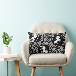 Black and White Trendy Unicorn & Floral Pattern Lumbar Pillow