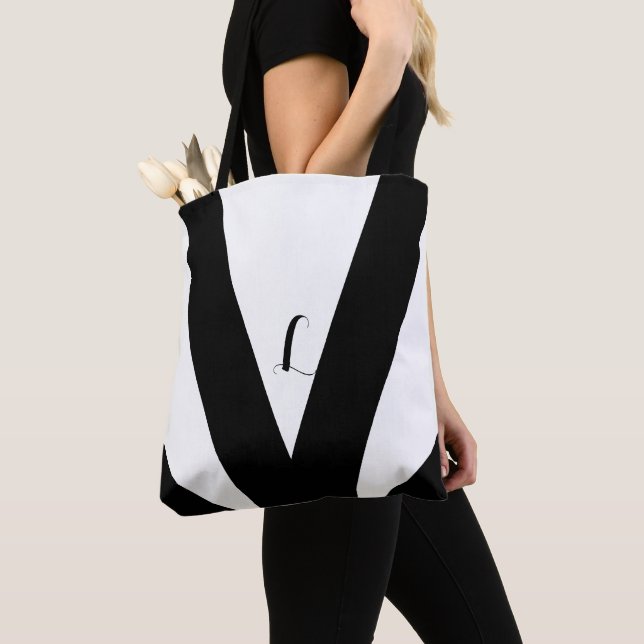 Black and White Triangle and Slashes Tote Bag (Close Up)