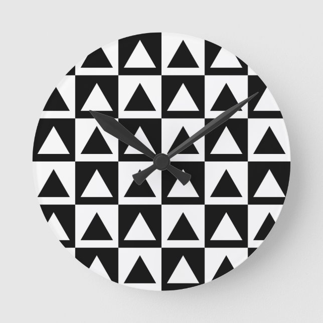 Black and White triangle geometric shape pattern Round Clock (Front)