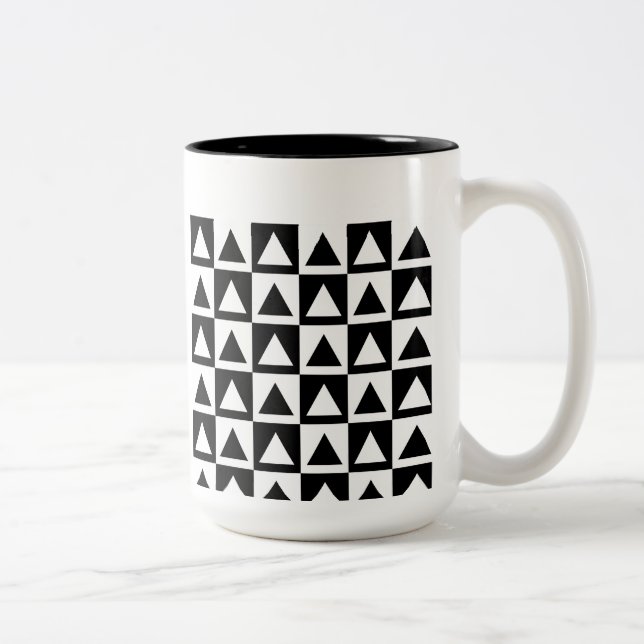 Black and White triangle geometric shape pattern Two-Tone Coffee Mug (Right)