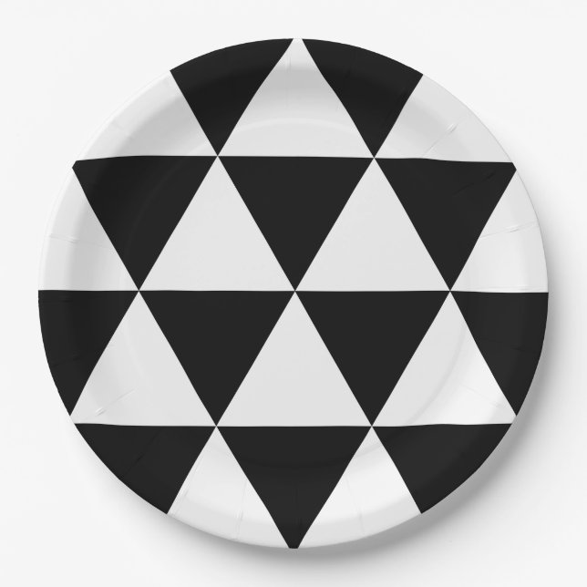 Black and White Triangle Pattern Paper Plates (Front)