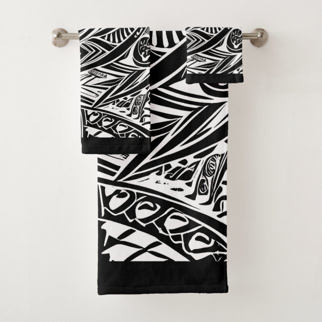 Black And White Tribal Abstract Bath Towel Set (Insitu)