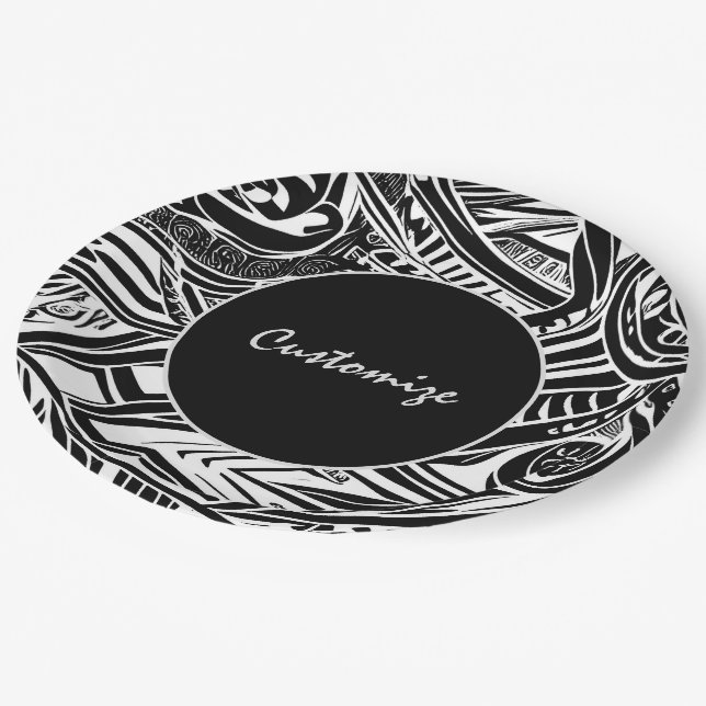 Black And White Tribal Abstract  Paper Plates (Angled)