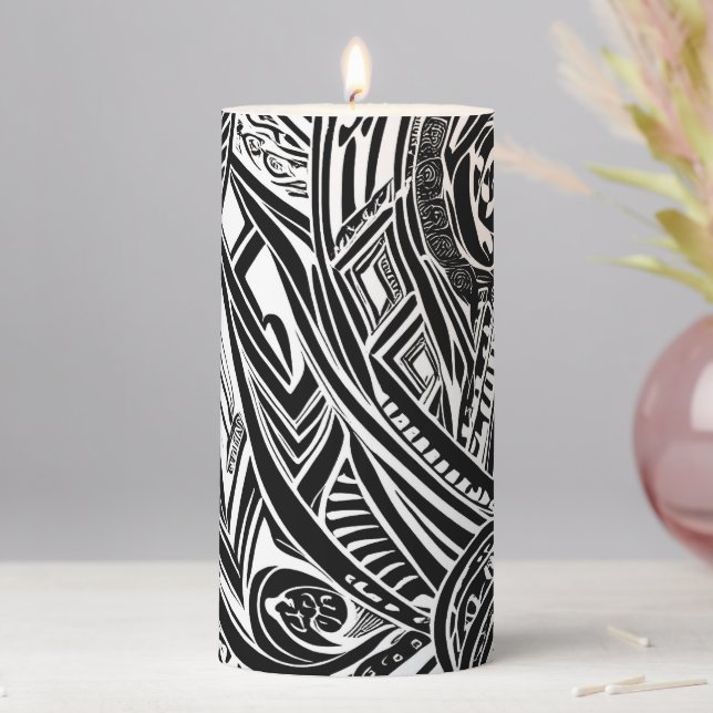 Black And White Tribal Abstract Pillar Candle (In Situ)