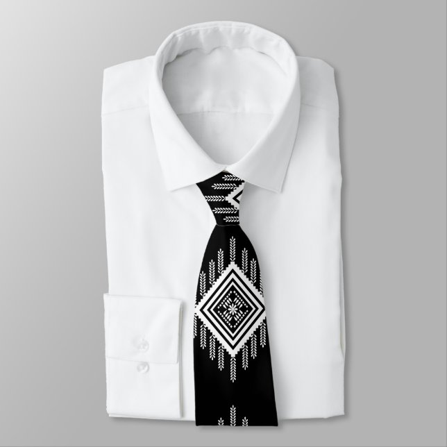 Black and White Tribal Art Neck Tie (Tied)