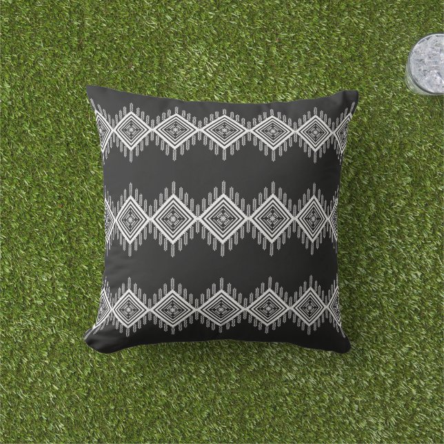 Black and White Tribal Art Outdoor Pillow (Grass)