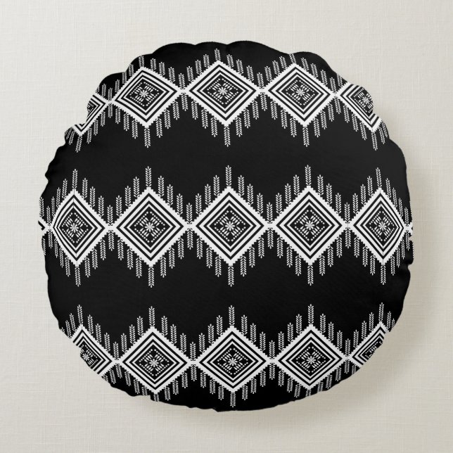 Black and White Tribal Art Round Pillow (Front)