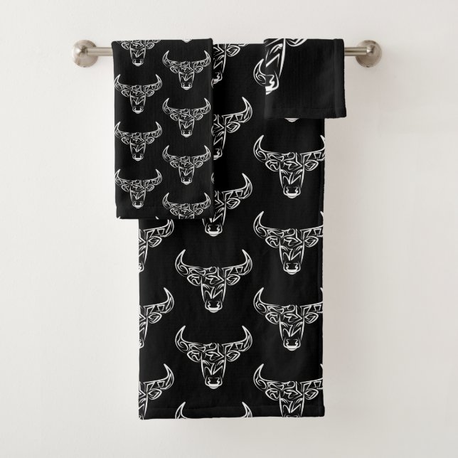 Black and White Tribal Bull / Ox Bath Towel Set (Insitu)