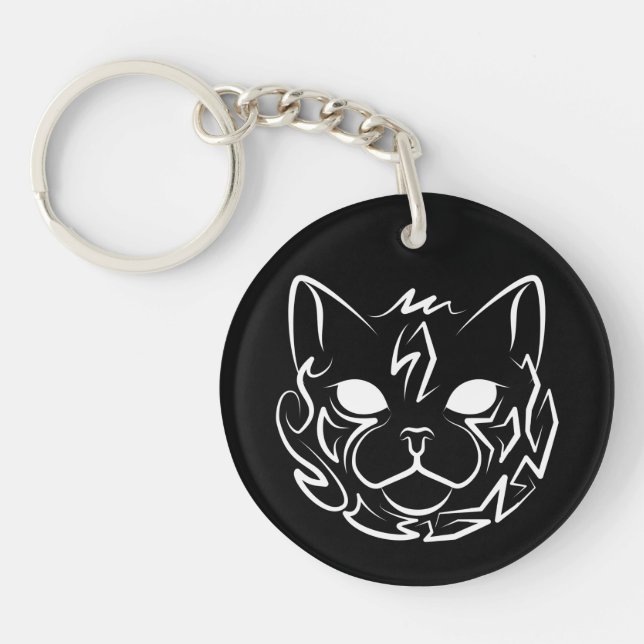 Black and White Tribal Cat Keychain (Front)