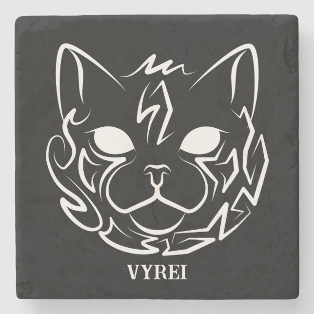 Black and White Tribal Cat Stone Coaster (Front)