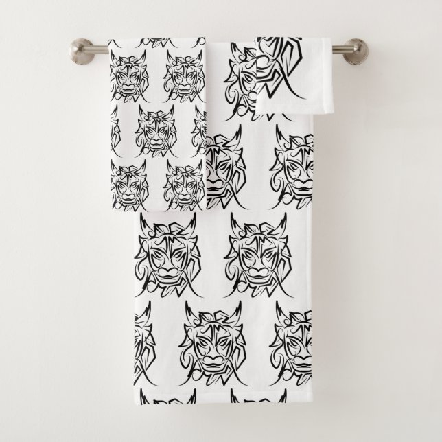 Black and White Tribal Dragon Bath Towel Set (Insitu)