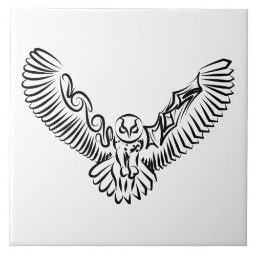 Black and White Tribal Flying Owl Ceramic Tile