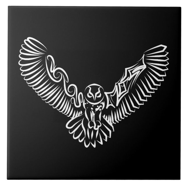 Black and White Tribal Flying Owl Ceramic Tile (Front)
