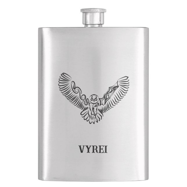 Black and White Tribal Flying Owl Flask (Front)