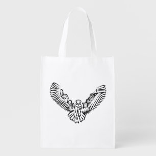 Black and White Tribal Flying Owl Grocery Bag