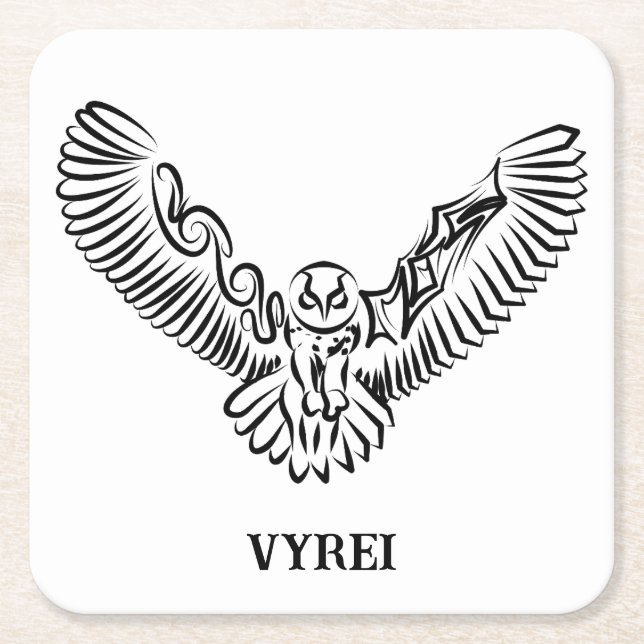 Black and White Tribal Flying Owl Square Paper Coaster (Front)