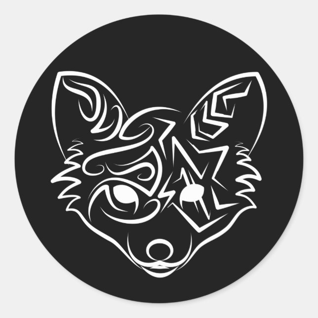 Black and White Tribal Fox Classic Round Sticker (Front)