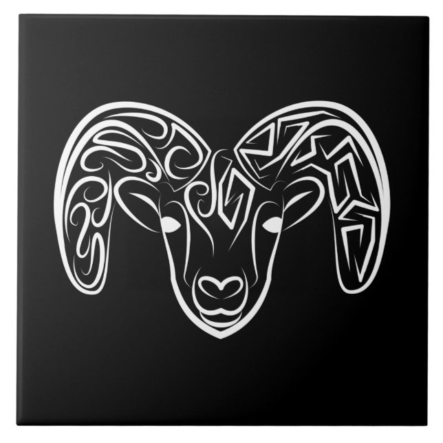 Black and White Tribal Goat / Sheep Ceramic Tile (Front)
