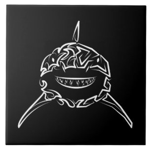 Black and White Tribal Great White Shark Ceramic Tile