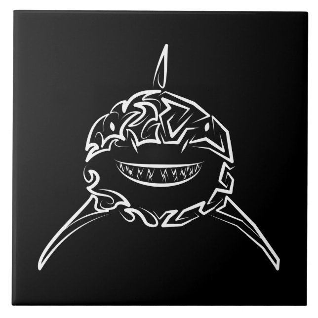 Black and White Tribal Great White Shark Ceramic Tile (Front)