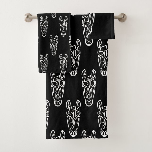 Black and White Tribal Horse Bath Towel Set (Insitu)