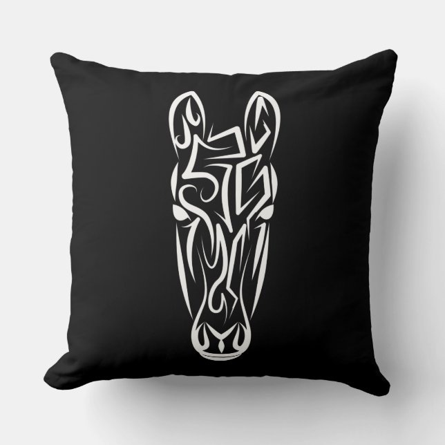 Black and White Tribal Horse Throw Pillow (Front)