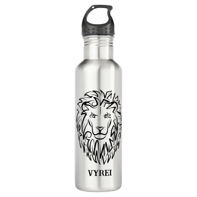 Black and White Tribal Lion Stainless Steel Water Bottle (Front)